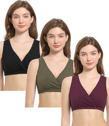 CAKYE 3 Pack Maternity Nursing Sleep Bra Breastfeeding Cotton Bralette - color: Black/Wine Red/Army Green, size: Medium