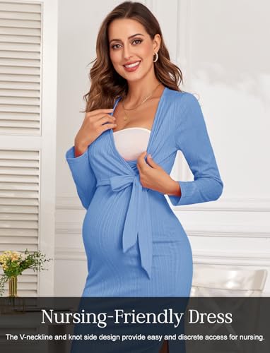 2025 Fall Rib Knit Maternity Nursing Dress Knot Side Long Sleeve V Neck Bodycon Wrap Pregnancy Split Dresses - color: Sky Blue, size: Medium