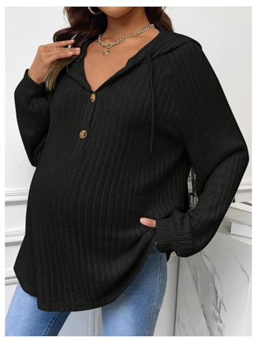BEAUDRM Women's Maternity Half Button Sweatshirts Long Sleeve Ribbed Knit Pregnancy Shirt Spring Clothes - color: Black, size: Medium