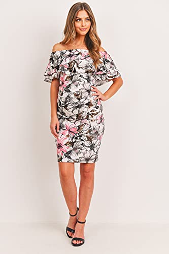 LaClef Women's Off Shoulder Maternity Dress with Double Ruffle - color: Cream / Pink Flower, size: Large