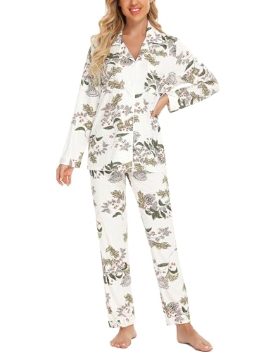 Leikar Button Up Pajamas For Women Long Sleeve Viscose Soft Pjs Lounge - color: Maple Flower, size: Small