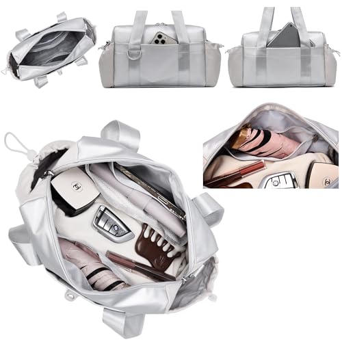 Everyday Mini Gym Bag for Women 2.0, Small Tote with Zipper Compartment Waterproof Travel Duffle Cute Handbag Workout Carry On with Removeable Shoulder Strap & Coin Wallet Easy to Clean-Silver - color: Silver