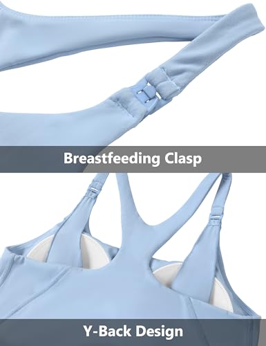 Foucome Nursing Tank Tops Racerback Longline Nursing Sports Bra - color: Light Blue, size: X-Large