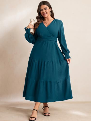 RWJ Women's Plus Size Fall Wedding Guest Dress Long Sleeve Maxi with Pocket - color: Lake Blue, size: X-Large Plus