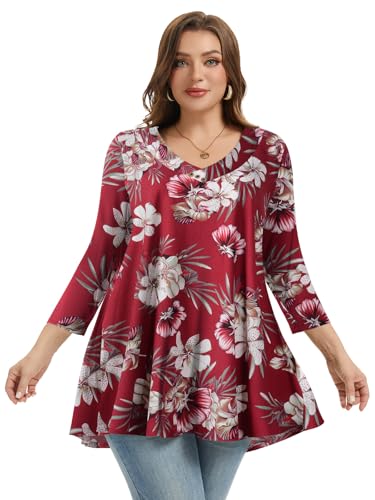 LARACE Plus Size Tunic Womens 3/4 Sleeve Tops V Neck Swing Loose Blouses - color: A-wine Red18, size: 5X
