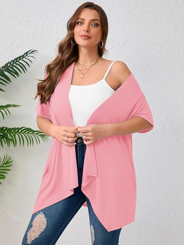 AusLook Women's Plus Size Short Sleeve Cardigan Sweater with Pockets 1X-5X - color: K09-pink, size: 2X