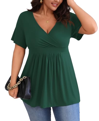POSESHE Womens Plus Size Tops 2026 Summer Short Sleeves Tunic Tops - color: Green, size: Large Plus