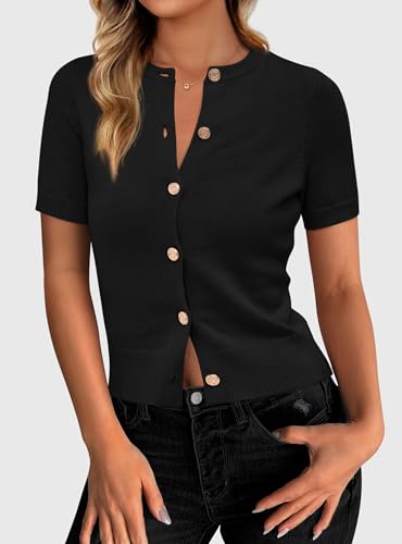 PRETTYGARDEN Womens Summer Cardigan Short Sleeve Sweater - color: Black, size: X-Large