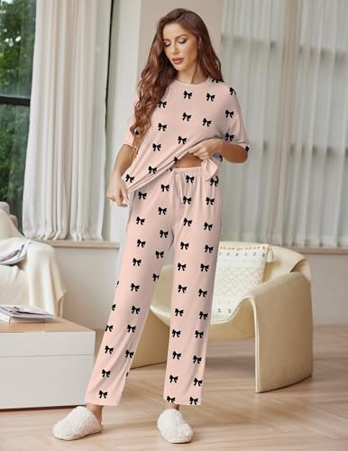 Ekouaer Lounge Sets for Women Soft Comfy Pajama Set 2 Piece Outfits - color: Beige Bow, size: X-Large