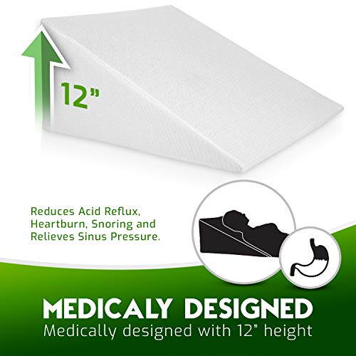 Abco Bed Wedge Pillow for Sleeping - Memory Foam Top - Reduce Neck & Back Pain, Snoring, Acid Reflux, Respiratory Problems - Ideal for Sleeping, Reading, Rest, Elevation - Washable Cover - 12in
