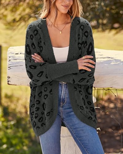 BTFBM Leopard Cardigan for Women Knit Fall Fashion Clothes - color: Dark Grey, size: Large