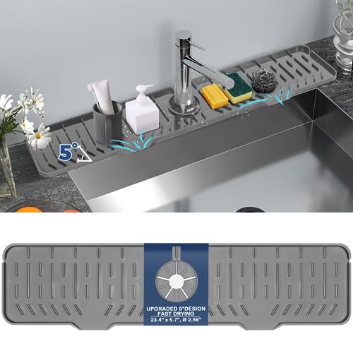 24" Splash Guard Plus Size Silicone Sink Faucet Drying Mat Handle Drip Catcher Tray Dish Sponge Holder Kitchen Accessories Protector Home Organization Gadgets Organizer - size: Grey(1Pack): 23.4"x5.7"