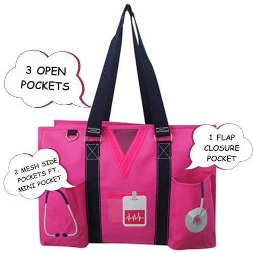 NGIL Work Tote Bag with Exterior Pockets - color: Hot Pink Nurse Life