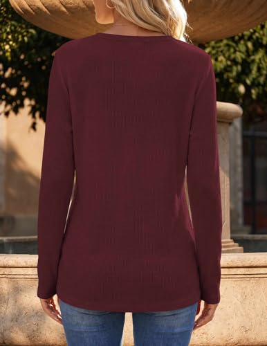 Zeagoo Women's Long Sleeve Waffle Knit Tops 2026 Fall Henley V Neck Shirts - color: Dark Red, size: Small