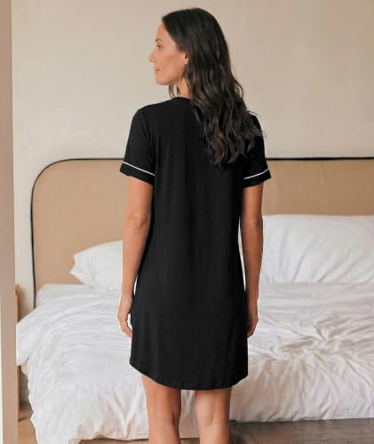 GYS Bamboo Viscose Nightgowns for Women Soft Button Down Sleep Shirt - color: Black, size: Large