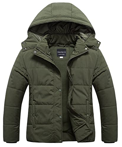 CREATMO US Women's Plus Size Warm Puffer Jacket Waterproof Fleece Lined Winter Coat with Removable Hood - color: Army Green, size: 1X