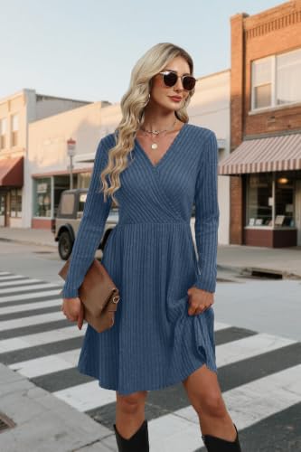 WIH0LL Womens Fall Dresses 2026 Long Sleeve Wrap Sweater Dress with Pockets - color: Blue, size: XX-Large