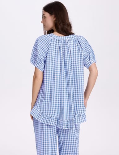 COZYPOIN 100% Cotton Pajamas for Women Set Cute Gingham Lounge Set - color: Blue, size: X-Small