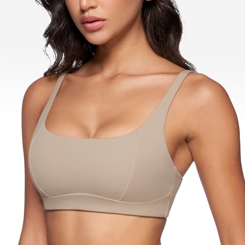 INGIA Women's Square Scoop Neck Sports Bra Thin Strap Padded Yoga Bra - color: Sand, size: Small