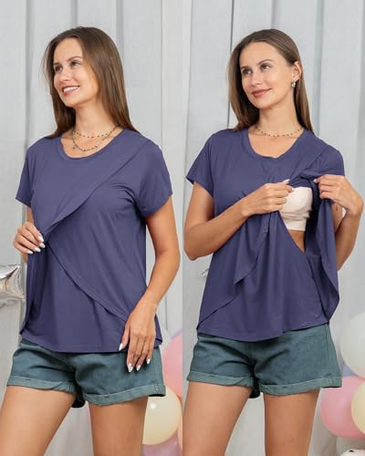 Rnxrbb 3 Pack Nursing Tops for Women Maternity Breastfeeding Shirts - color: Black&purple Blue&deep Pink, size: Large