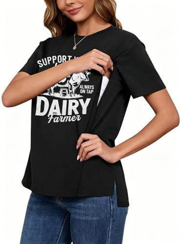 Breastfeeding Shirts for Women Hidden Zippers Nursing Shirt Side Split Tees - color: Black, size: Large