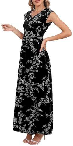 DB MOON Womens 2026 Maxi Dresses Empire Waist Long Summer Dress Casual Cap Short Sleeve Sundress with Pockets - color: Black Floral 01, size: Small