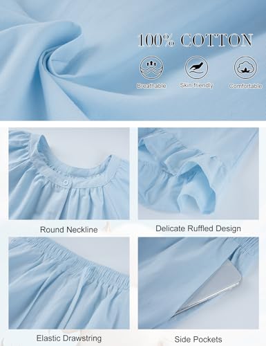 Kissonic Womens Pajamas Set 2 Piece Cotton Ruffle Summer Shorts Sets - color: Blue, size: Medium