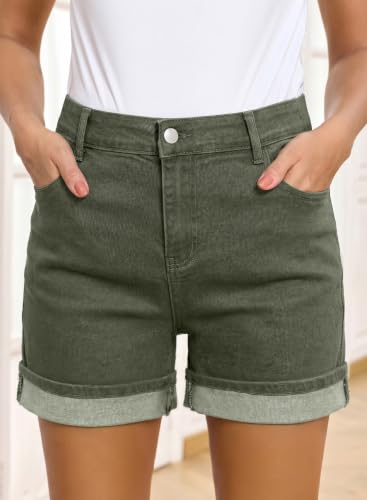 BLENCOT Women's Summer Maternity Jean Shorts Fold Hem Stretchy Denim Pants - color: Dark Green, size: Large