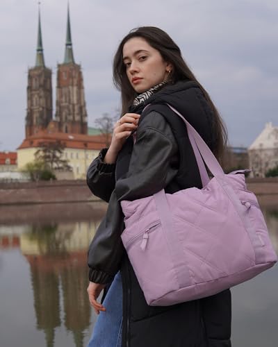 BAGSMART Crush Tote Bag for Women, 20L Puffer Work Tote with Zipper - color: Lavender