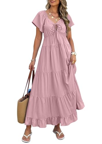 ECOWISH Womens Summer Maxi Dress 2026 Flutter Short Sleeve V Neck Tie Front Wedding Guest Vacation Tiered Flowy Dresses - color: Pink, size: Medium