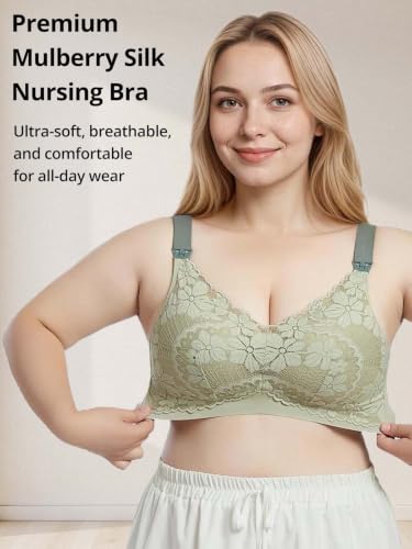 Lace Nursing Bras for Breastfeeding, Plus Size Maternity Sleep Bra, Mulberry Silk Liner Pregnancy Bra Wirefree Bralette - color: Green, size: Medium
