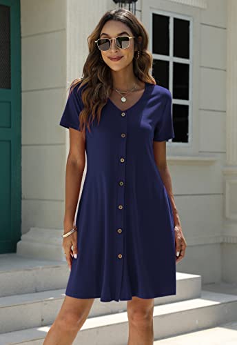 Manydress Women's Button Down Summer Dress Short Sleeve with Pockets - color: Dark Blue, size: Large