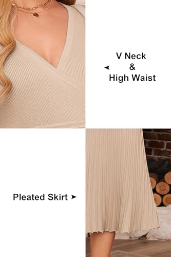 OUGES Women's Fall Maternity Dress for Photoshoot Long Sleeve Wrap V Neck Pleated Baby Shower Sweater Midi Dresses 2026 - color: Almond, size: XX-Large