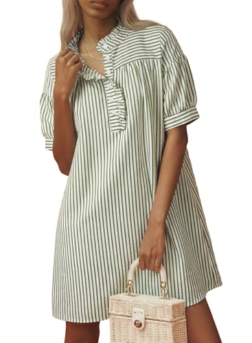 BLENCOT Summer Dresses for Women Puff Sleeve Striped Button Mini Dress - color: Green Stripe, size: X-Large