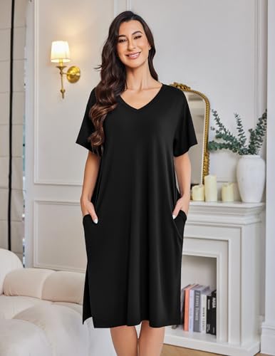 Ekouaer Womens Plus Size Nightgown Bamboo Viscose Short Sleeve Sleepshirt - color: Black, size: Medium