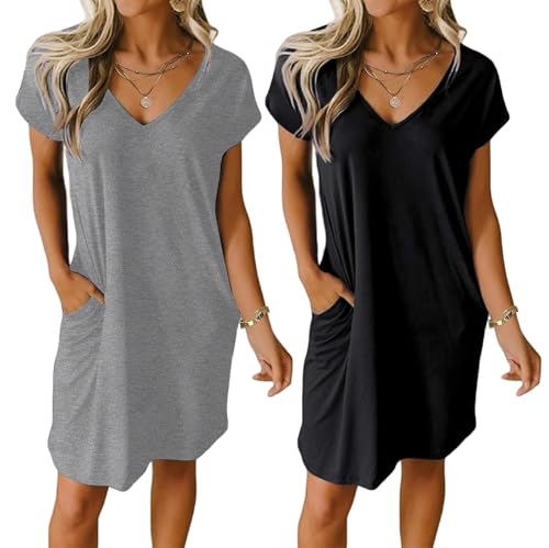 Ekouaer Womens 2 Pack Nightgown with Pockets Short Sleeve Night Shirts - color: Black and Dark Grey, size: X-Large