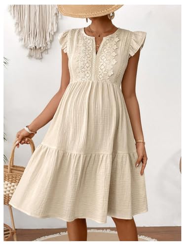 OYOANGLE Women's Maternity Dress Lace Trim Cap Sleeve Tiered Ruffle A Line Midi Dresses - size: Large