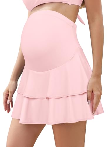 SHEKINI Women's Ruffle High Waist Maternity Swim Skirt - color: Pink, size: Small