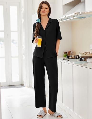 Ekouaer Women Pajamas Set Button Down Sleepwear Short Sleeve Pjs Long Pants - color: Black, size: Medium