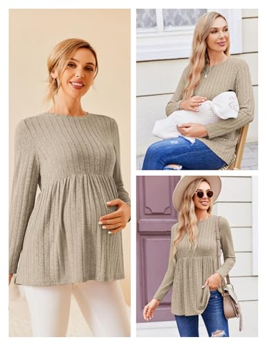 Maternity Shirts Dressy Long Sleeve Pregnancy Fall Tops Work Blouses - color: Mocha Brown, size: Medium