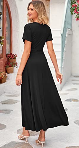 WNEEDU Women's Summer Maxi Dress Wrap Short Sleeve with Pockets - color: 0 Black, size: Large