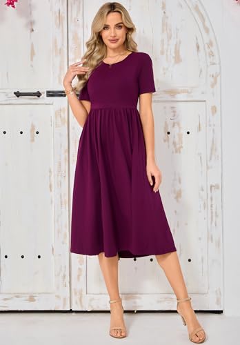 Women's Cotton Nursing Dresses Breastfeeding Midi Breastfeeding Dress with Pockets - color: Burgundy, size: Medium