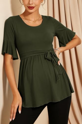 Women's Ruffle Maternity Tops Short Sleeve Wrap Tie Front Shirts Pregnancy Clothes - color: Army Green, size: XX-Large