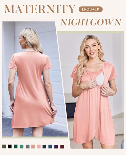 Nursing Nightgown Short Sleeve Breasfeeding Birthing Gown Maternity Dress - color: Pink, size: Large