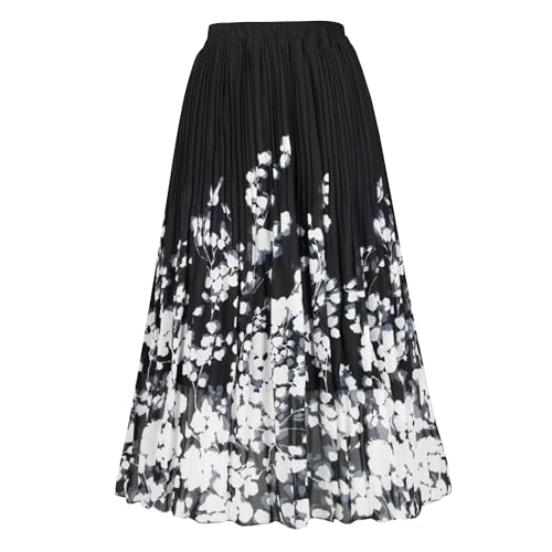 OBBUE Women's Chiffon Pleated Skirt A-line Skirts - color: Black White Flower, size: Large