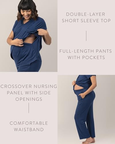 Kindred Bravely Tulip Hem Maternity Nursing and Postpartum Pajama Set - color: Navy Blue, size: Small