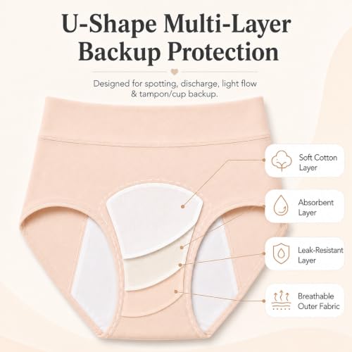 Period Underwear for Women, Leak Proof Menstrual Panties Multi-pack, High Waisted Cotton Full Coverage Briefs - color: Black/Nude/Light Grey, size: X-Large