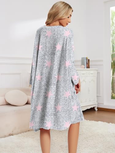 CRIPOM Plus Size Moo Moos for Women Oversized Sleep Shirts with Pockets - color: Grey Pink Star