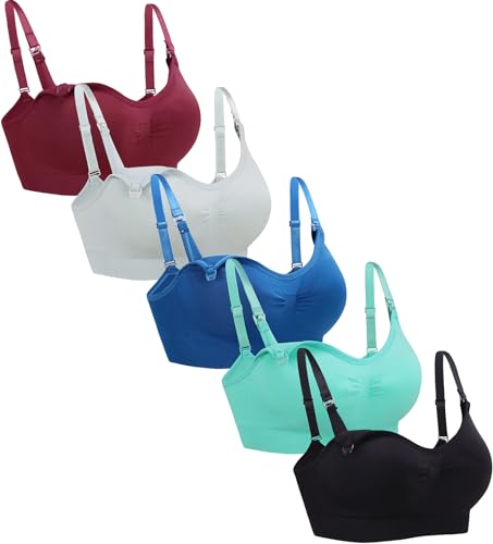 Suekaphin 5PACK Nursing Bra Wireless Bra Women's Sleeping Maternity Bra Breastfeeding Bra - color: Black/Winered/Mintgreen/Navyblue/Palegreen, size: Large Plus