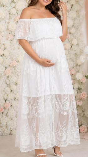 Women's Off Shoulder Maternity Dress Swiss Dot Boho Baby Shower Dress - color: White Lace, size: Medium